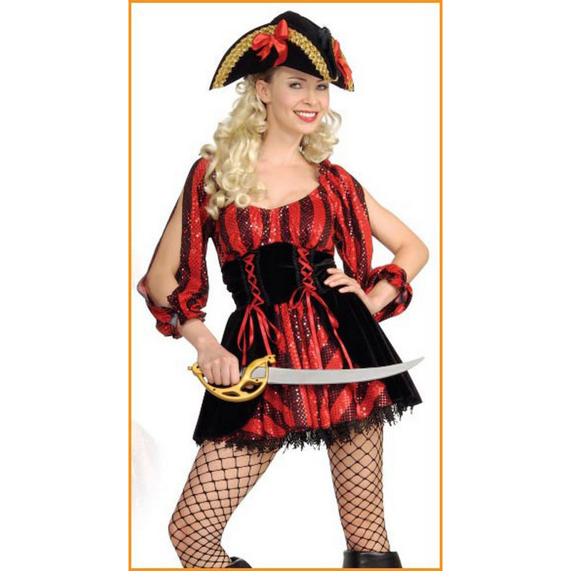 LAL957 Halloween Costumes Red&Black Sparkle Pirate Woman Costume